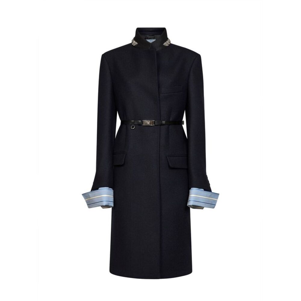 Prada Abbigliamento Women Blue Virgin Wool Embroidered Belted Coat